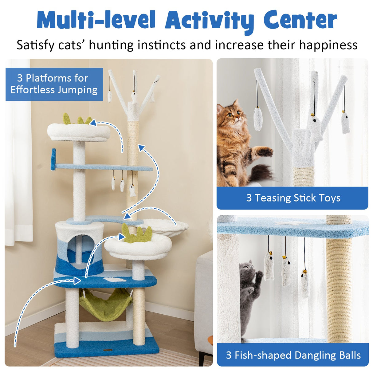 Multi-level Cat Tower with Sisal Covered Scratching Posts-Blue