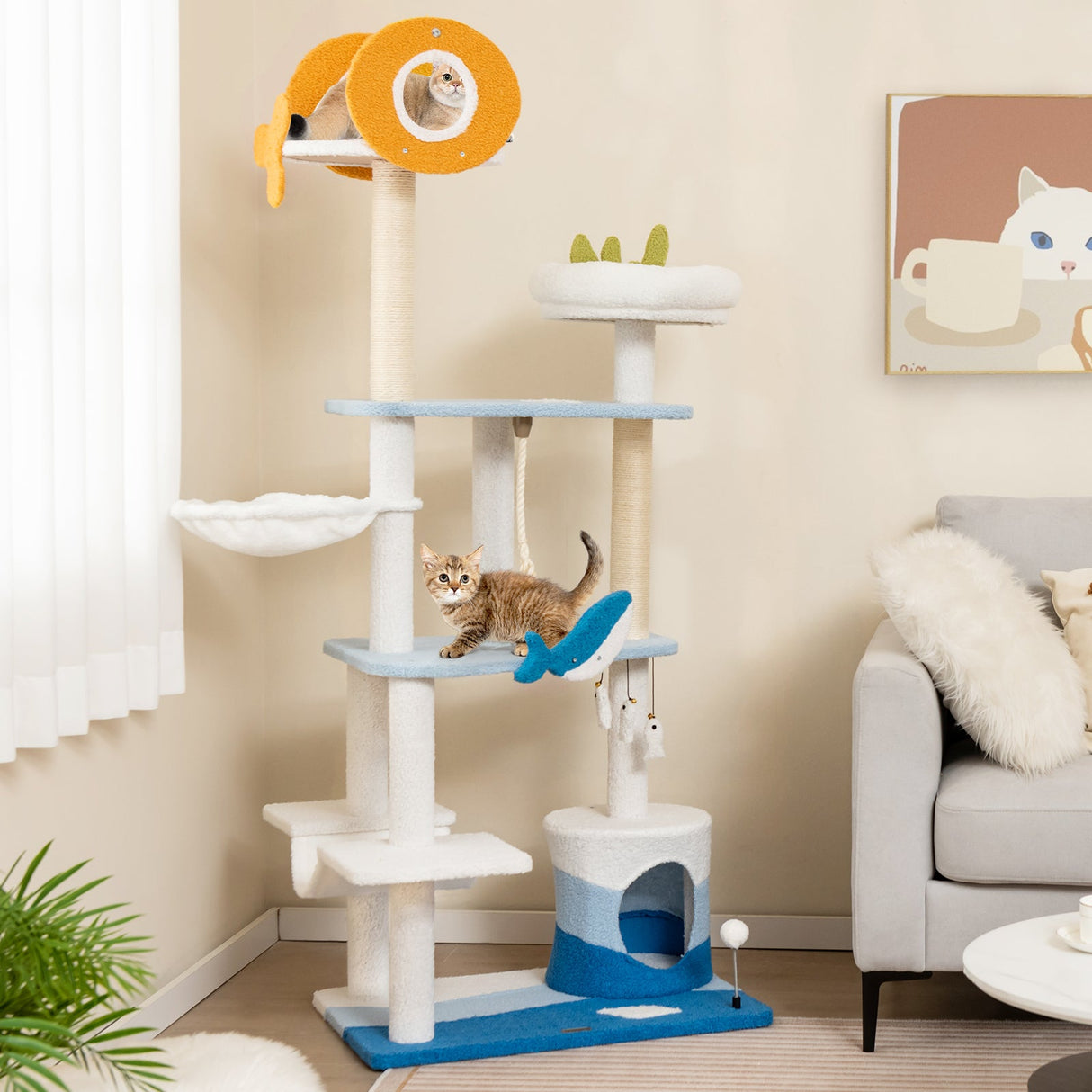 Rascador multinivel para gatos con temática marina y postes rascadores cubiertos de sisal - Azul