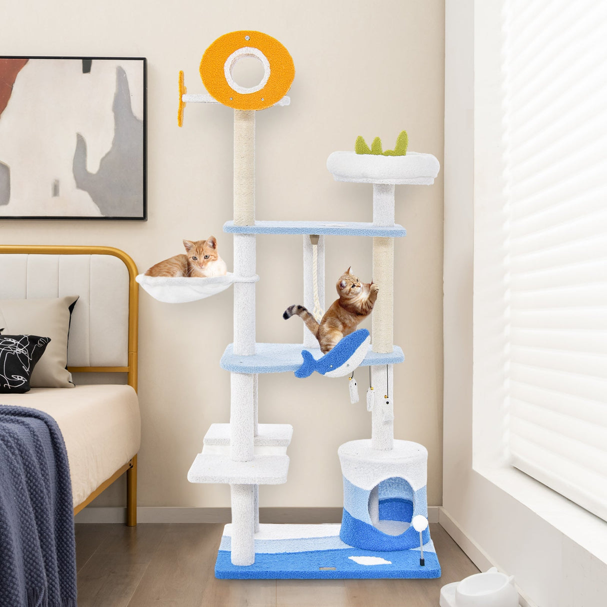 Rascador multinivel para gatos con temática marina y postes rascadores cubiertos de sisal - Azul