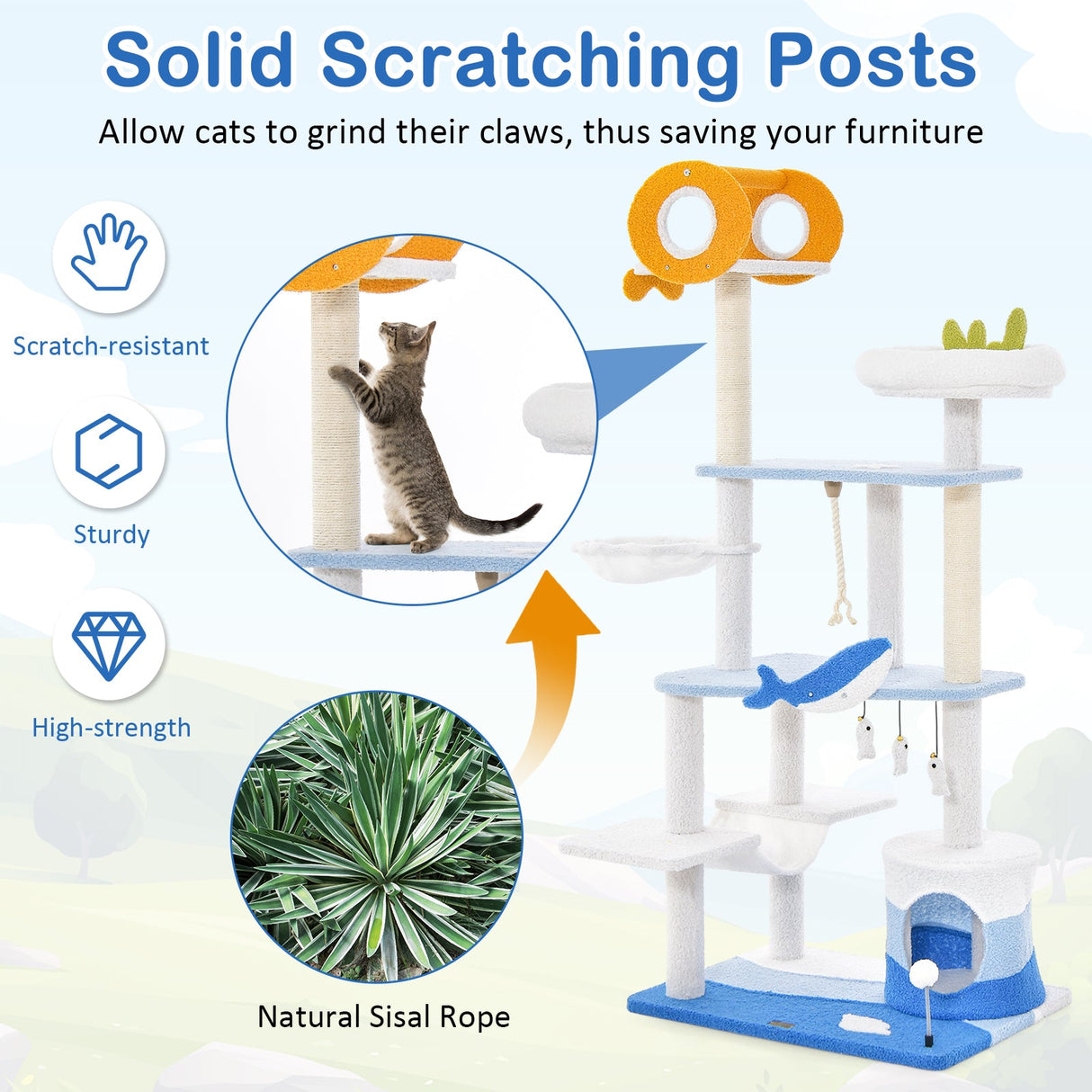 Rascador multinivel para gatos con temática marina y postes rascadores cubiertos de sisal - Azul