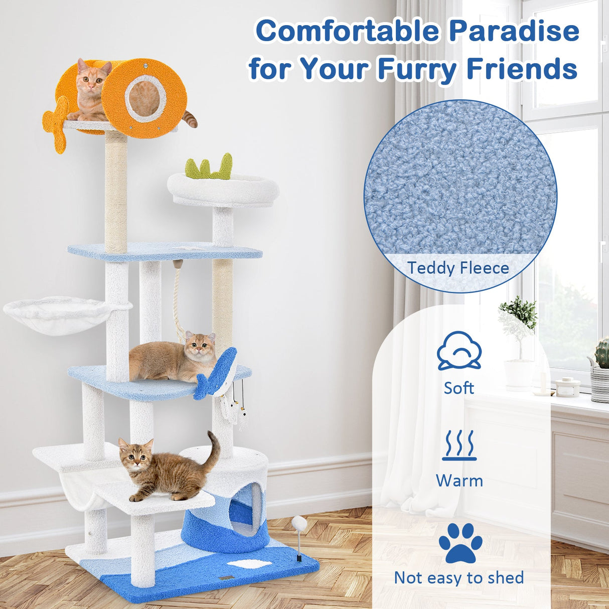 Rascador multinivel para gatos con temática marina y postes rascadores cubiertos de sisal - Azul