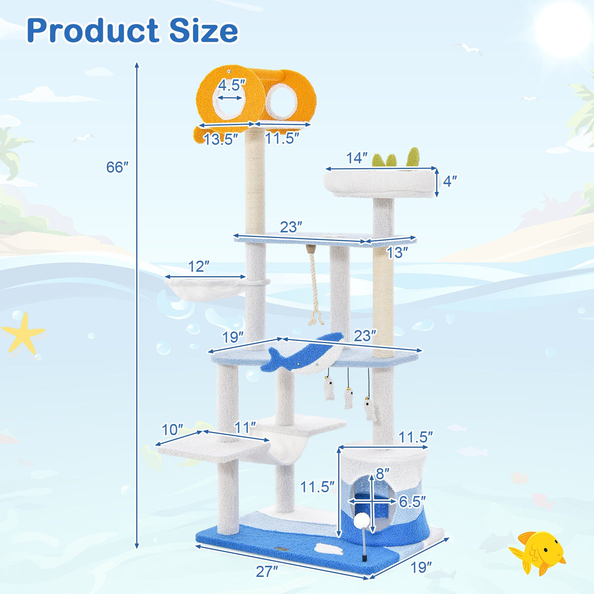 Rascador multinivel para gatos con temática marina y postes rascadores cubiertos de sisal - Azul