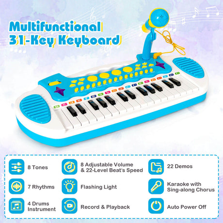 Teclado de piano de juguete de 31 teclas con micrófono y múltiples sonidos para niños de 3 años en adelante