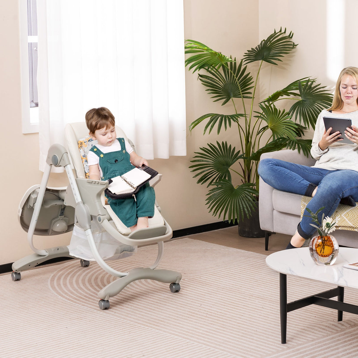 Multifunctional Folding Baby High Chair with Rolling Wheels and Adjustable Height