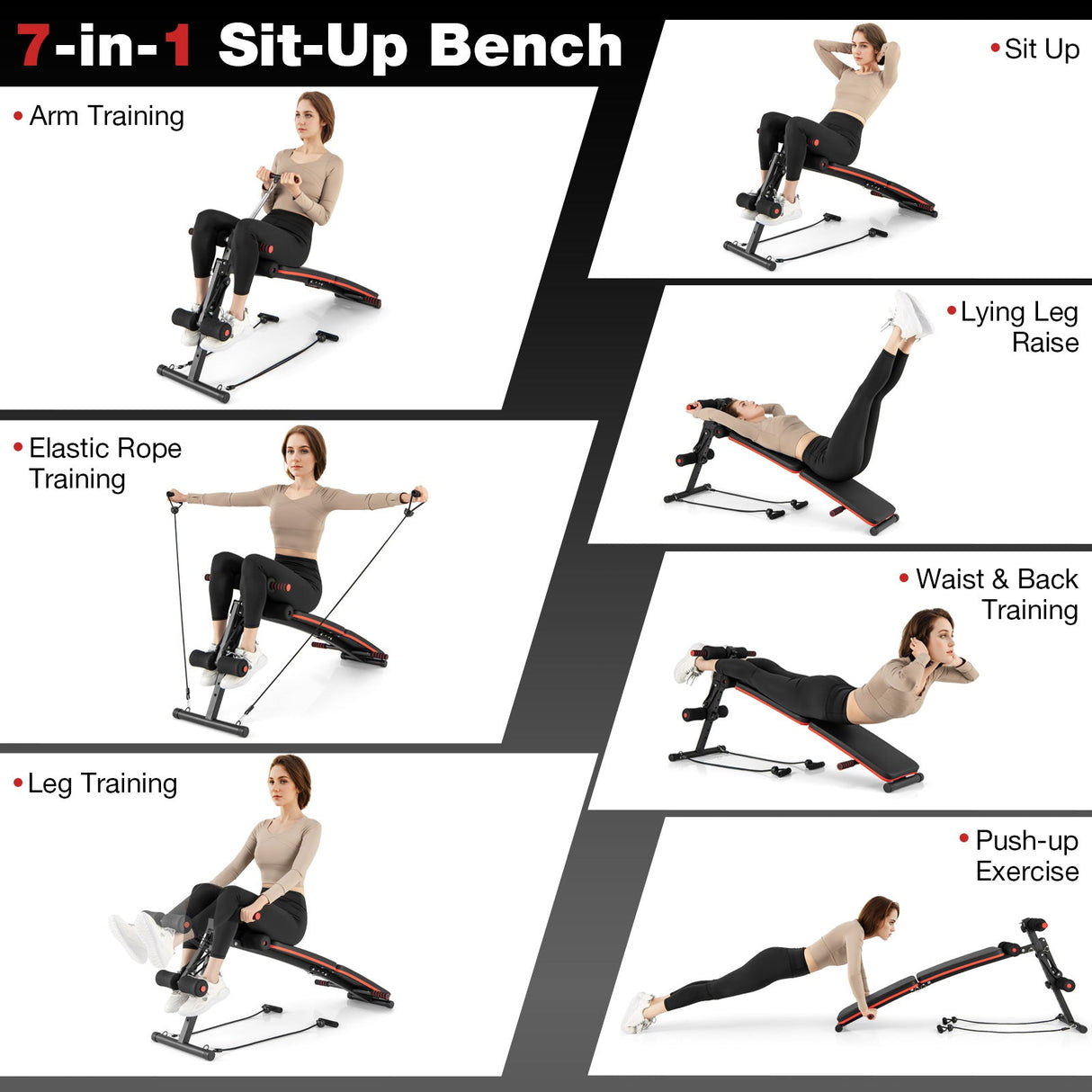 Banco multifuncional para abdominales con 4 posiciones ajustables de metal para entrenamiento