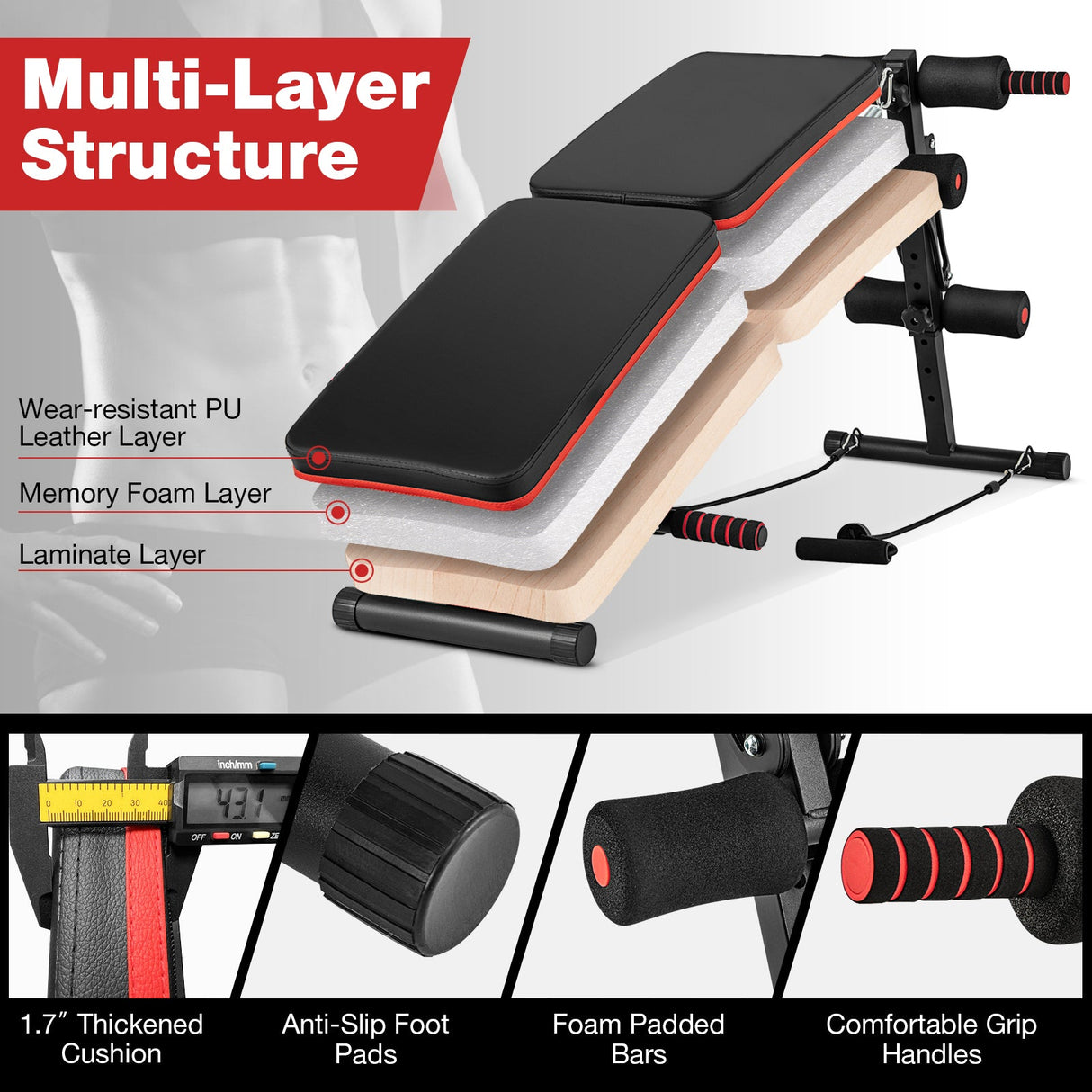 Banco multifuncional para abdominales con 4 posiciones ajustables de metal para entrenamiento