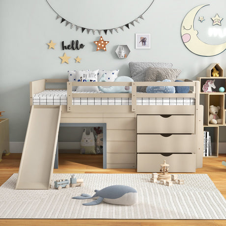 Cama alta doble 3 en 1 con tobogán, escalera y cajones para niños y adolescentes - Beige