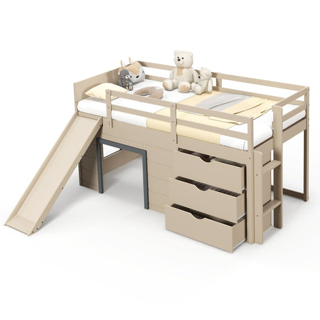 Cama alta doble 3 en 1 con tobogán, escalera y cajones para niños y adolescentes - Beige