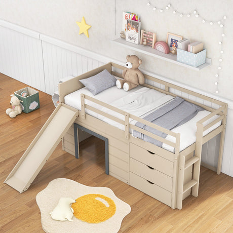 Cama alta doble 3 en 1 con tobogán, escalera y cajones para niños y adolescentes - Beige