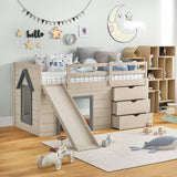 Cama alta doble 3 en 1 con tobogán, escalera y cajones para niños y adolescentes - Beige