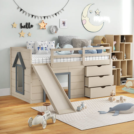 Cama alta doble 3 en 1 con tobogán, escalera y cajones para niños y adolescentes - Beige