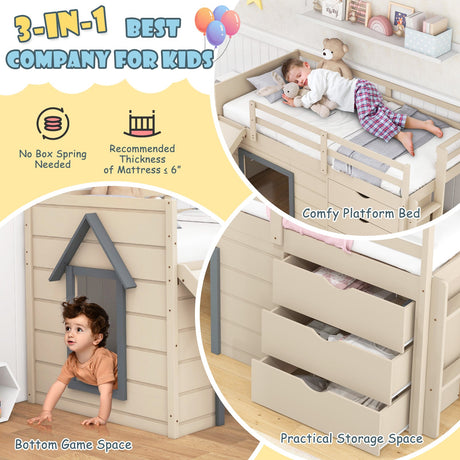 Cama alta doble 3 en 1 con tobogán, escalera y cajones para niños y adolescentes - Beige