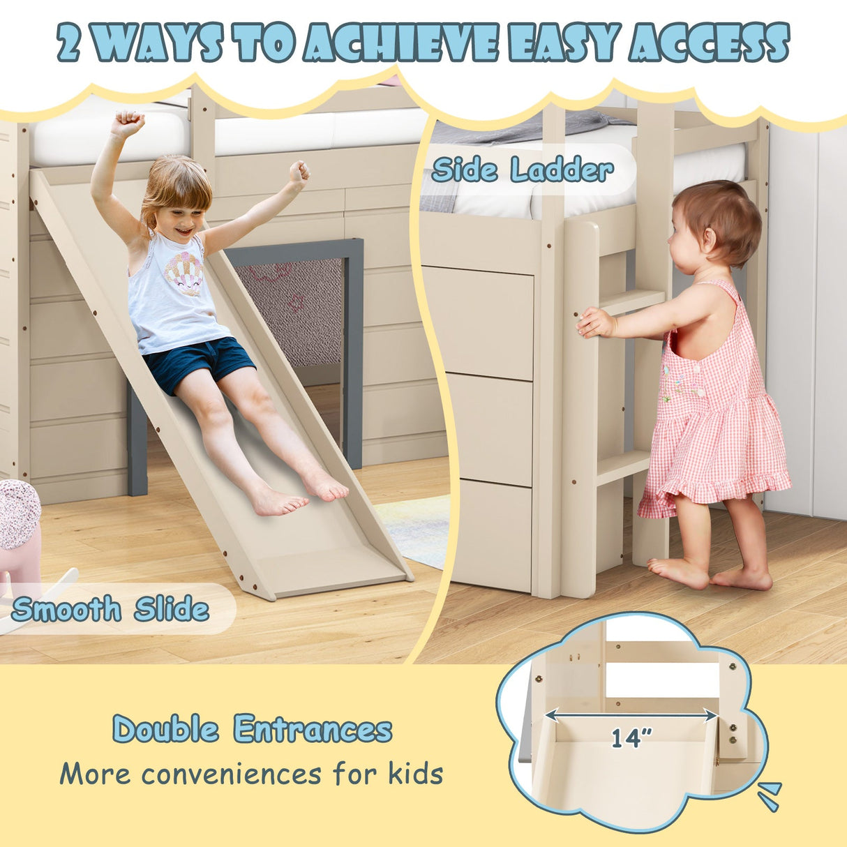 Cama alta doble 3 en 1 con tobogán, escalera y cajones para niños y adolescentes - Beige