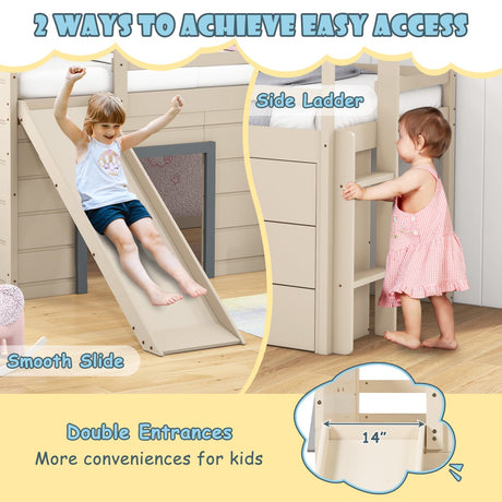 Cama alta doble 3 en 1 con tobogán, escalera y cajones para niños y adolescentes - Beige