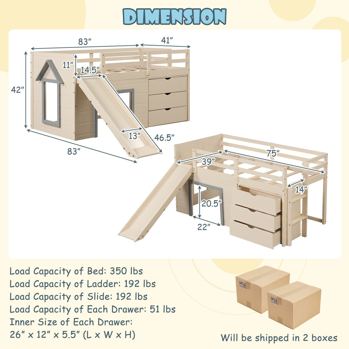 Cama alta doble 3 en 1 con tobogán, escalera y cajones para niños y adolescentes - Beige