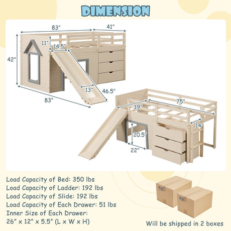 Cama alta doble 3 en 1 con tobogán, escalera y cajones para niños y adolescentes - Beige