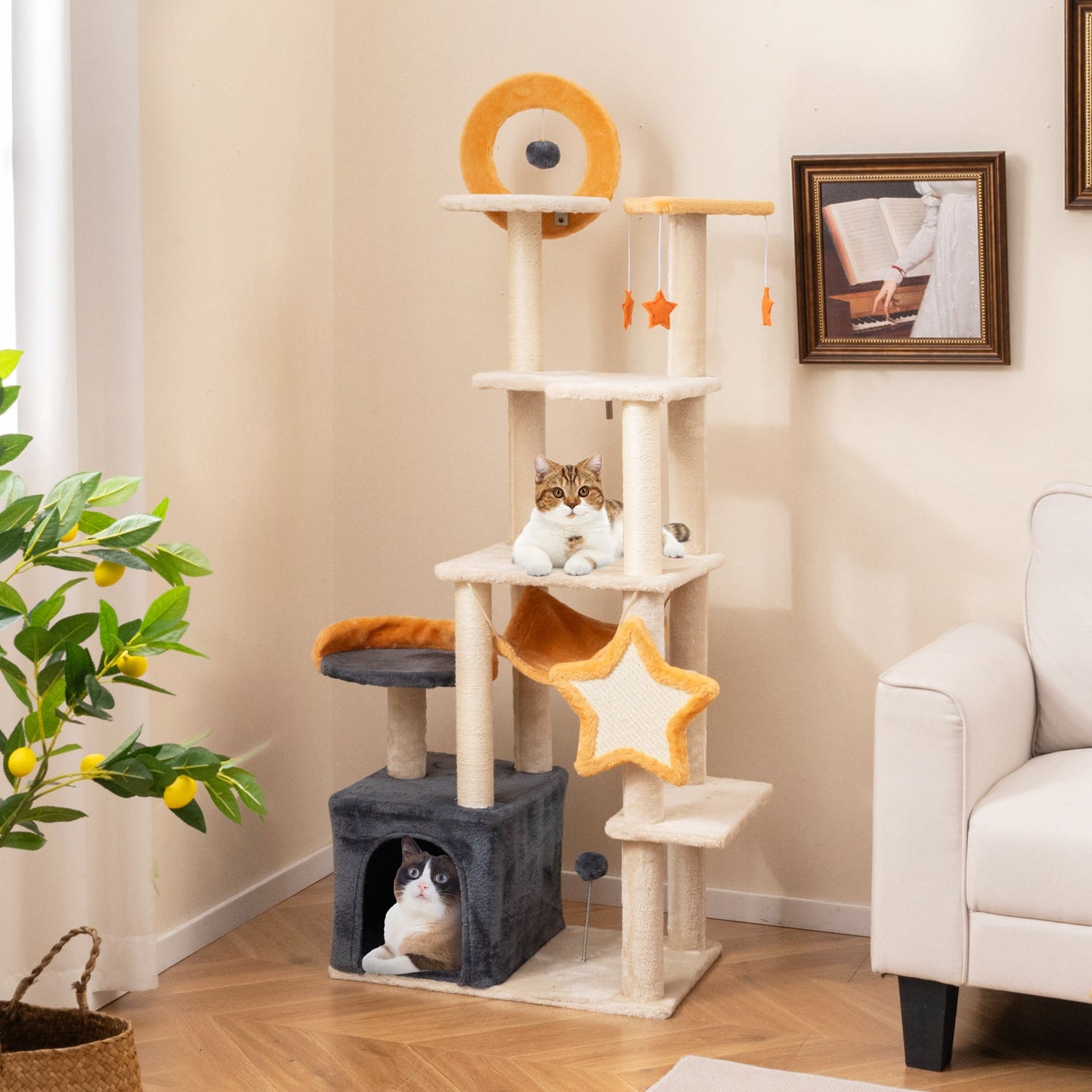 Torre para gatos multinivel de 63 pulgadas con rascador y juguetes