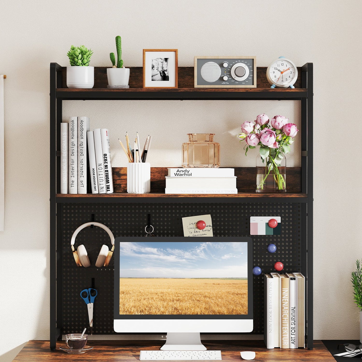 Estantería de escritorio multiusos de 2 niveles con tablero perforado para monitor de computadora de hasta 32 pulgadas - Marrón rústico