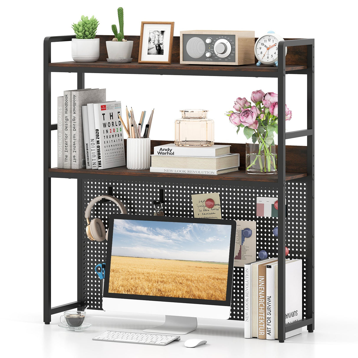 Estantería de escritorio multiusos de 2 niveles con tablero perforado para monitor de computadora de hasta 32 pulgadas - Marrón rústico