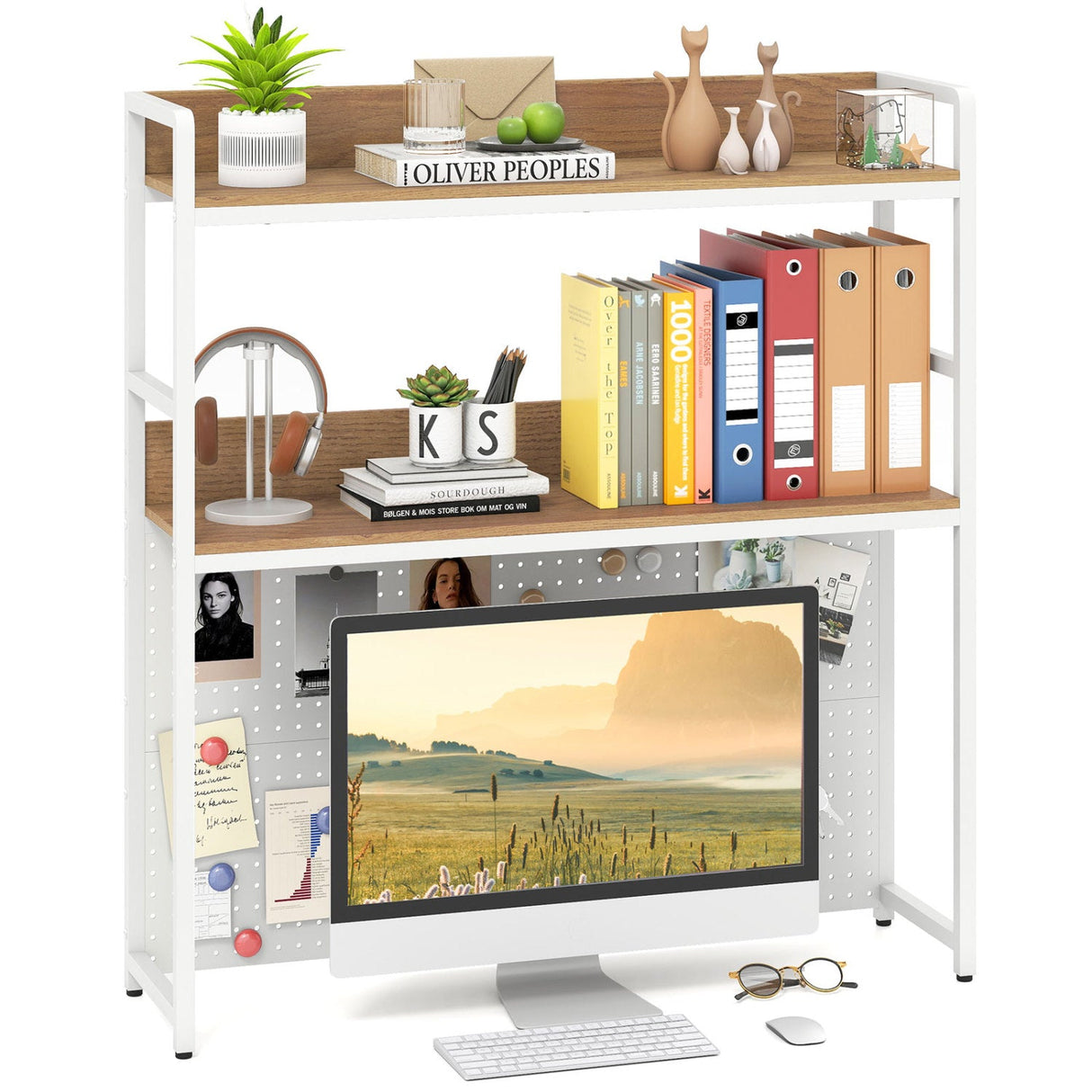Estantería de escritorio multiusos de 2 niveles con tablero perforado para monitor de computadora de hasta 32 pulgadas - Marrón rústico