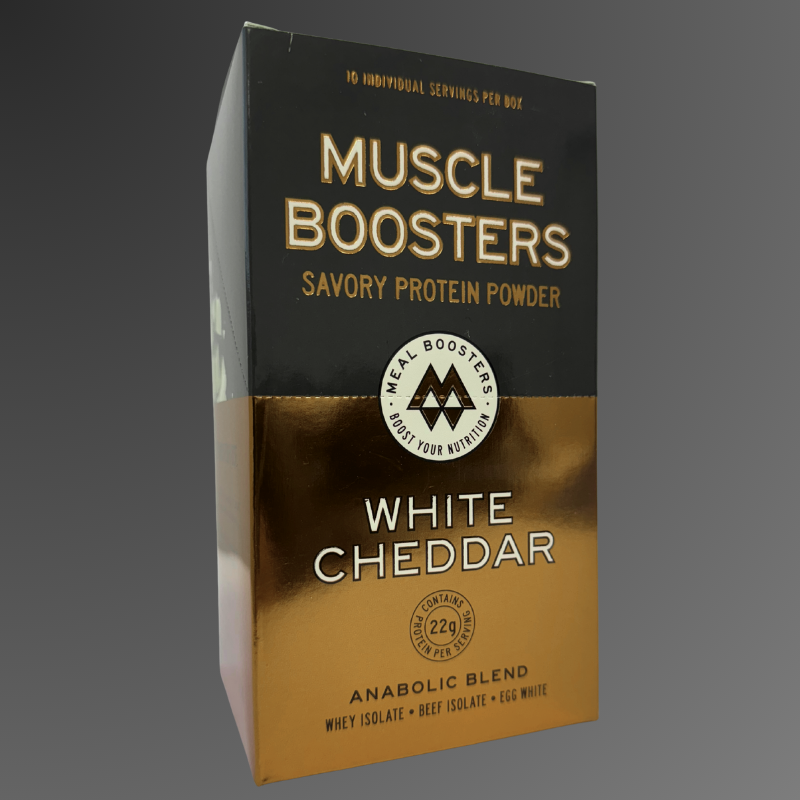 Muscle Boosters Caja Cheddar Blanco - Aislado de proteína de suero orgánico de vacas alimentadas con pasto (10 paquetes individuales)