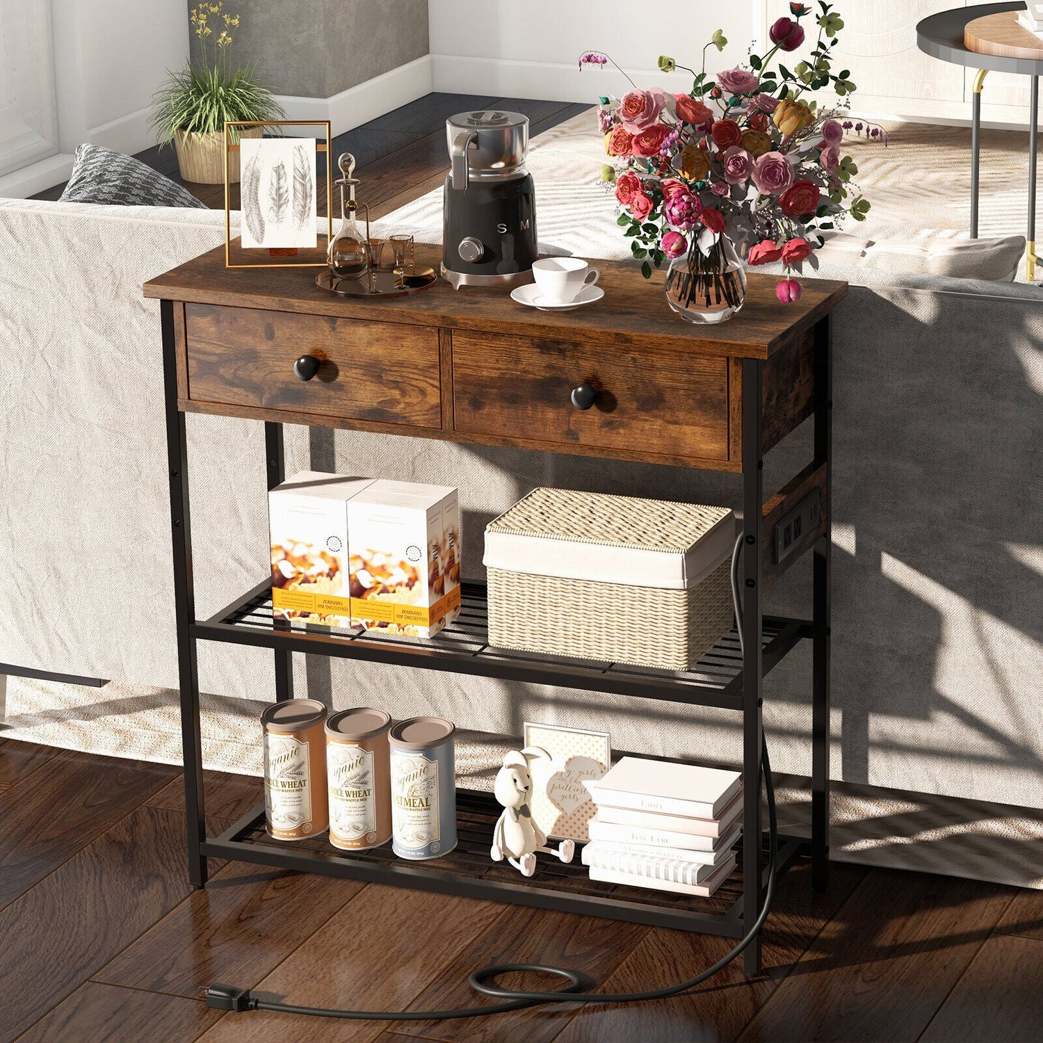 Narrow Console Table with 2 Drawers and 2 Metal Mesh Shelves