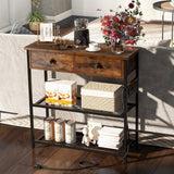 Narrow Console Table with 2 Drawers and 2 Metal Mesh Shelves