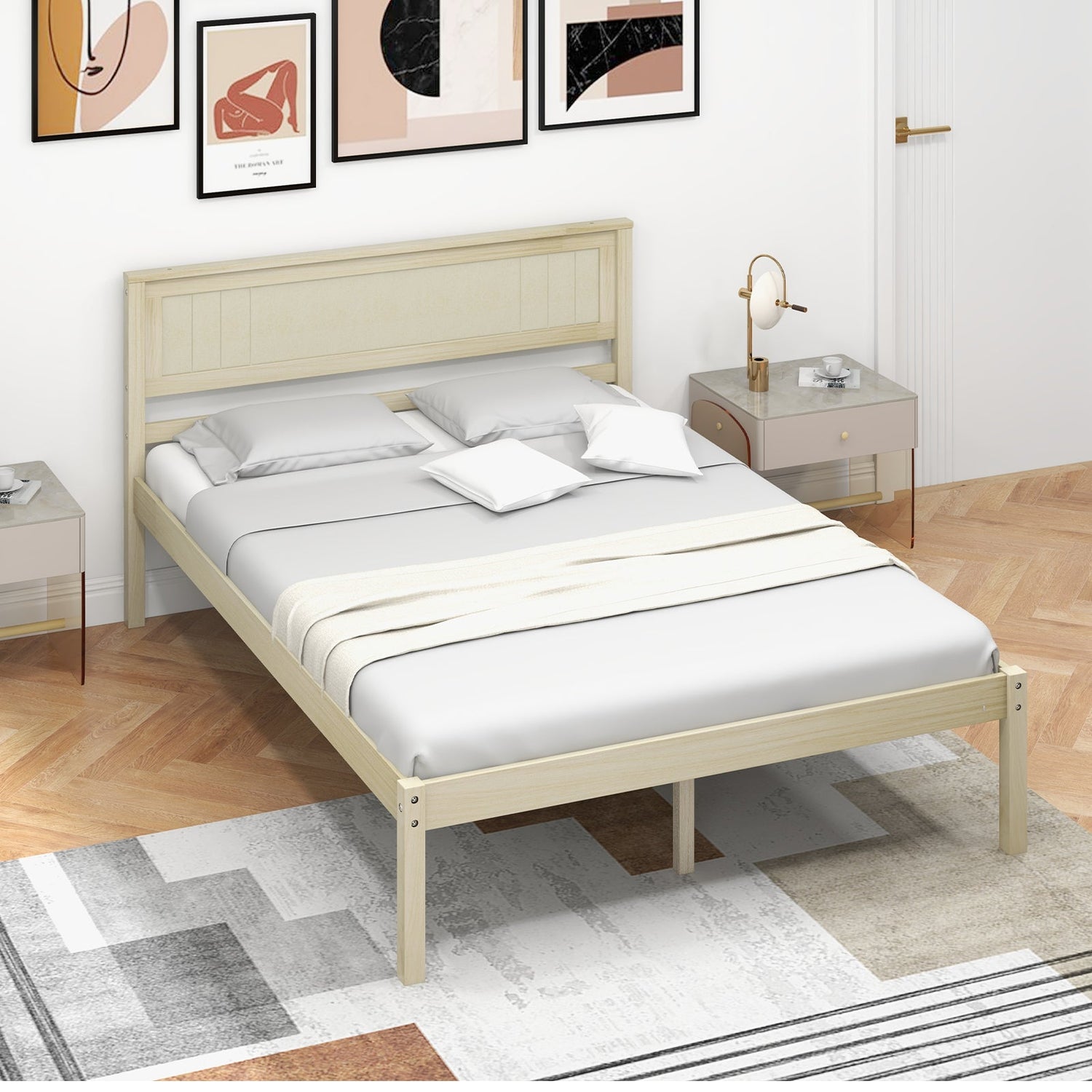 Marco de cama de madera tamaño Twin/Full/Queen con cabecera y soporte de listones