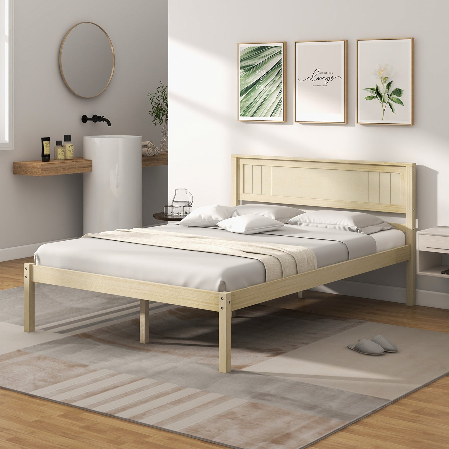Marco de cama de madera tamaño Twin/Full/Queen con cabecera y soporte de listones