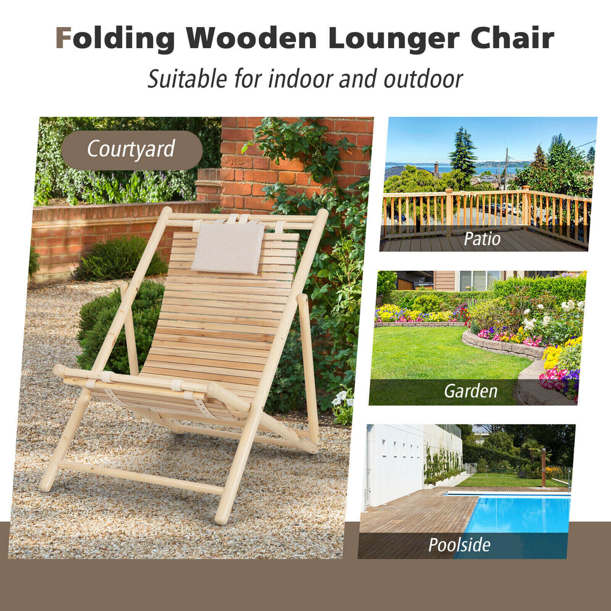 Sillón de madera de abeto macizo con respaldo ajustable en 3 niveles y reposacabezas acolchado suave - Natural