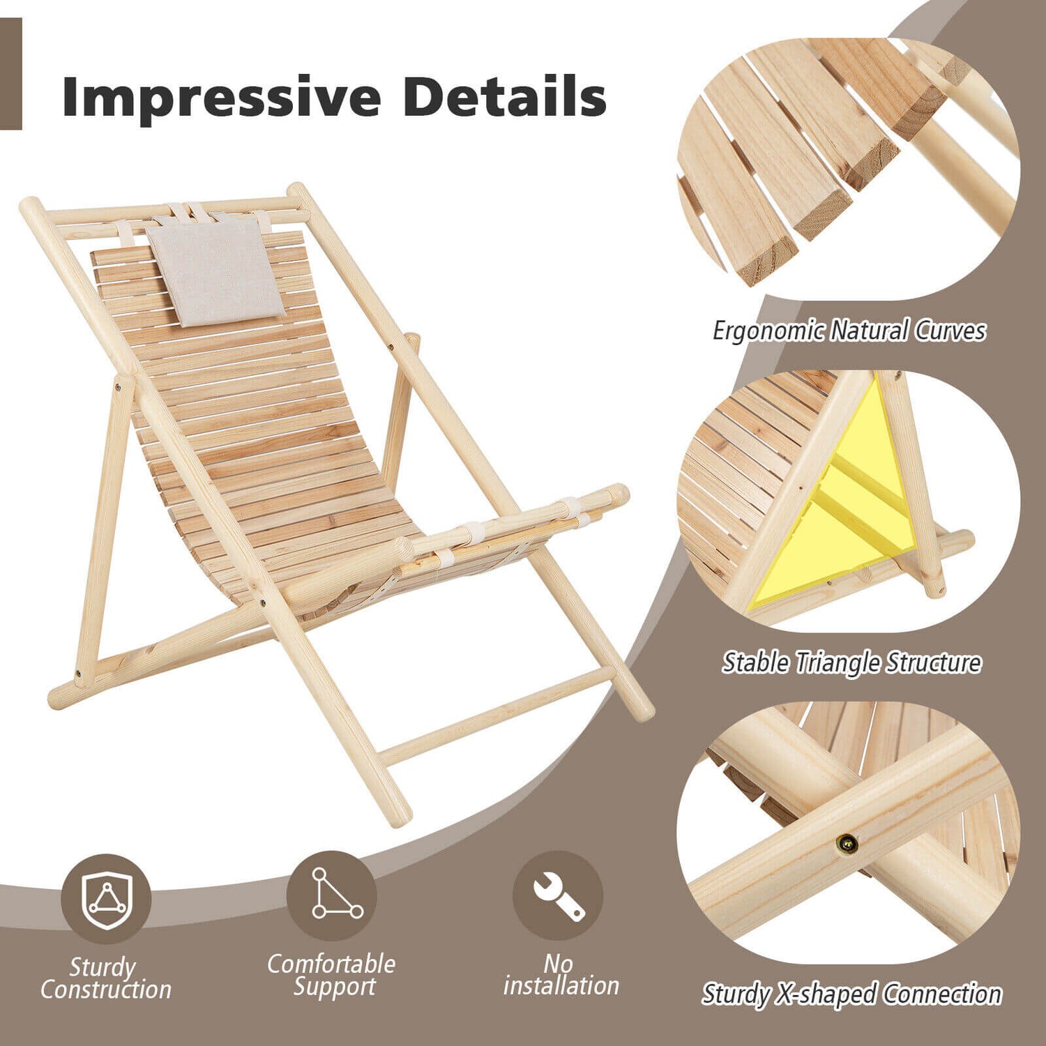 Sillón de madera de abeto macizo con respaldo ajustable en 3 niveles y reposacabezas acolchado suave - Natural