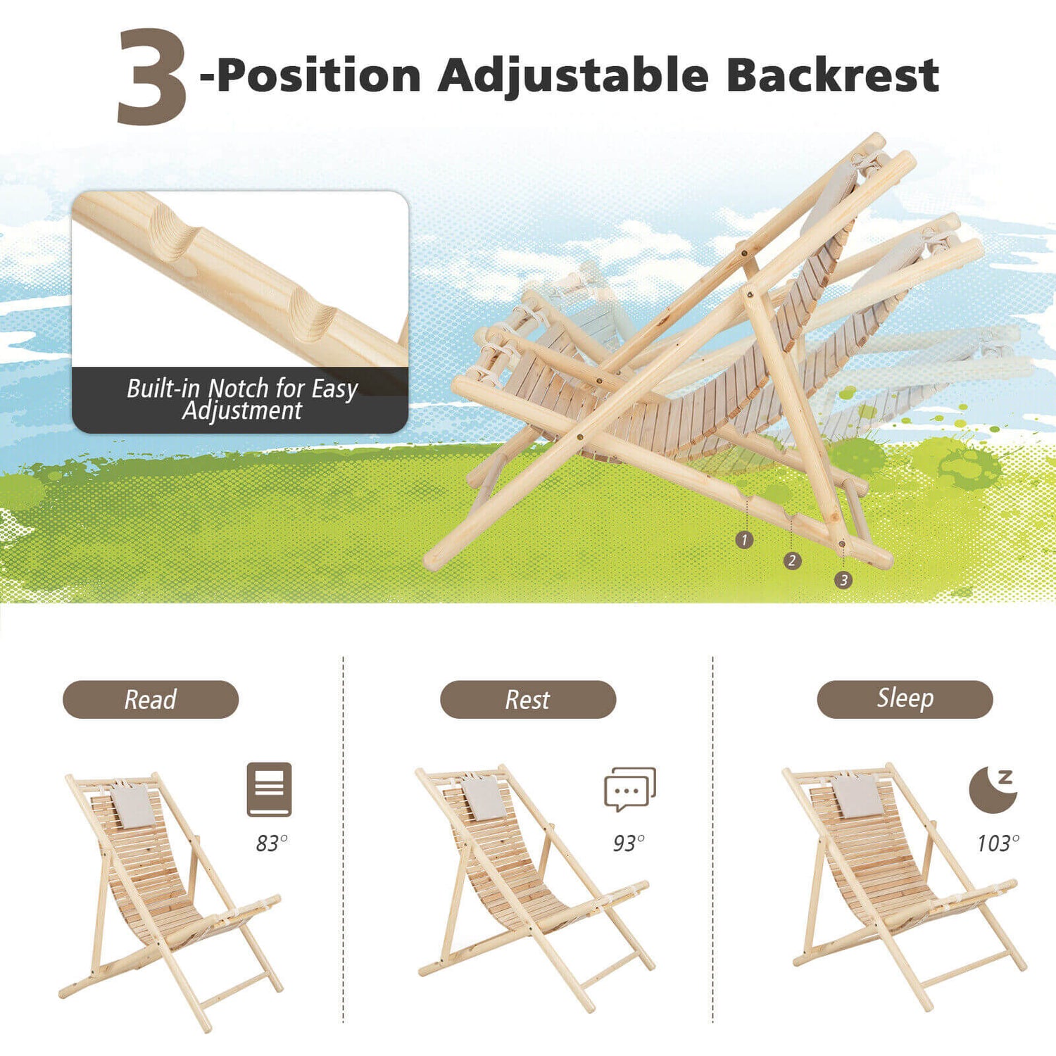 Sillón de madera de abeto macizo con respaldo ajustable en 3 niveles y reposacabezas acolchado suave - Natural