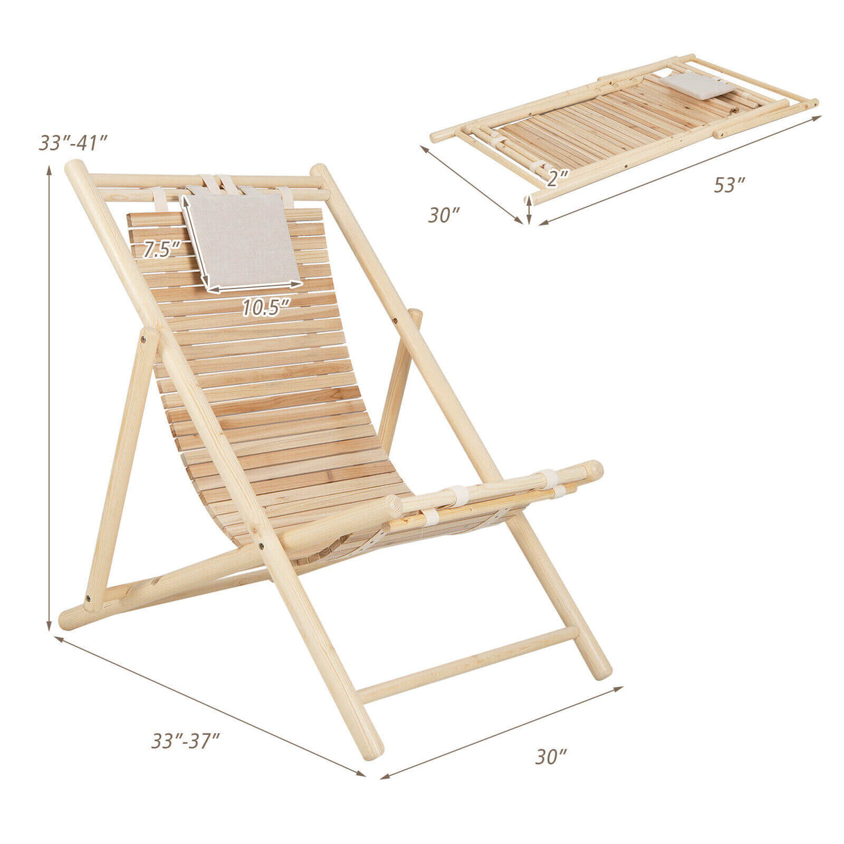 Sillón de madera de abeto macizo con respaldo ajustable en 3 niveles y reposacabezas acolchado suave - Natural