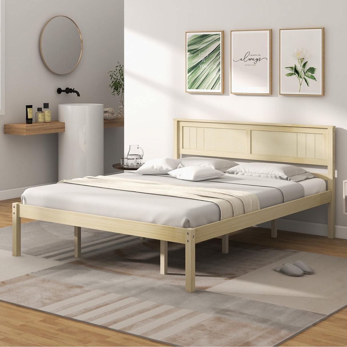 Marco de cama de madera tamaño Twin/Full/Queen con cabecera y soporte de listones