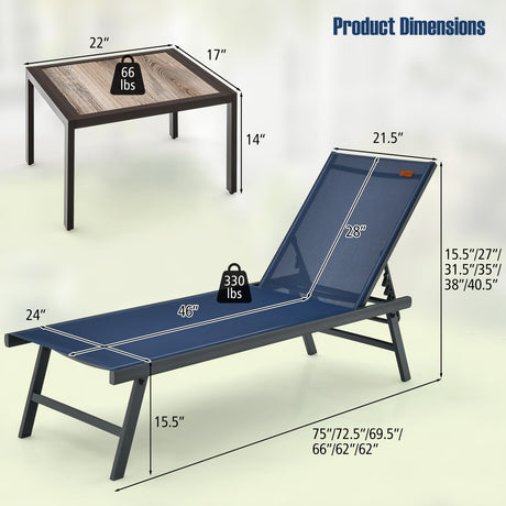 Set de 3 piezas de tumbona y mesa para patio, para piscina o jardín