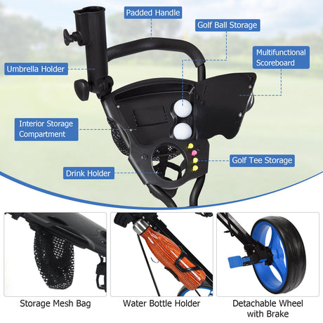 Carro de golf de 3 ruedas con panel de control y bolsa