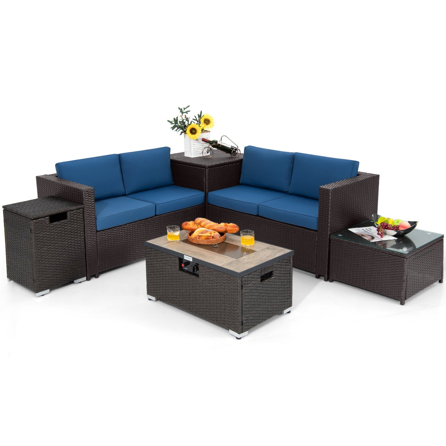 Juego de Muebles de Mimbre para Exteriores de 6 Piezas con Mesa Fogata de Propano de 32 Pulgadas