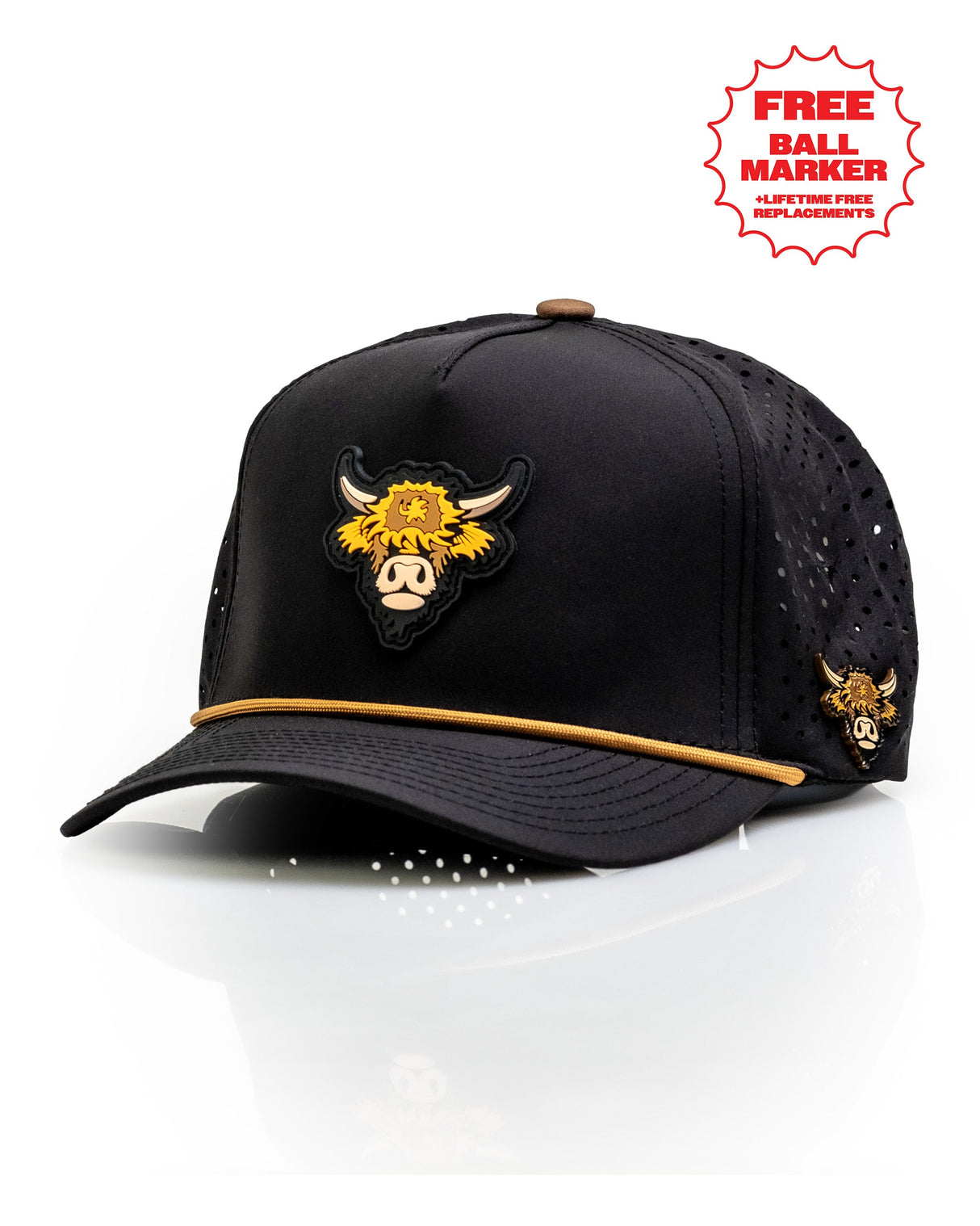 Vaca de las Tierras Altas Negra - Gorra de Cuerda Perforada