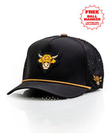 Vaca de las Tierras Altas Negra - Gorra de Cuerda Perforada