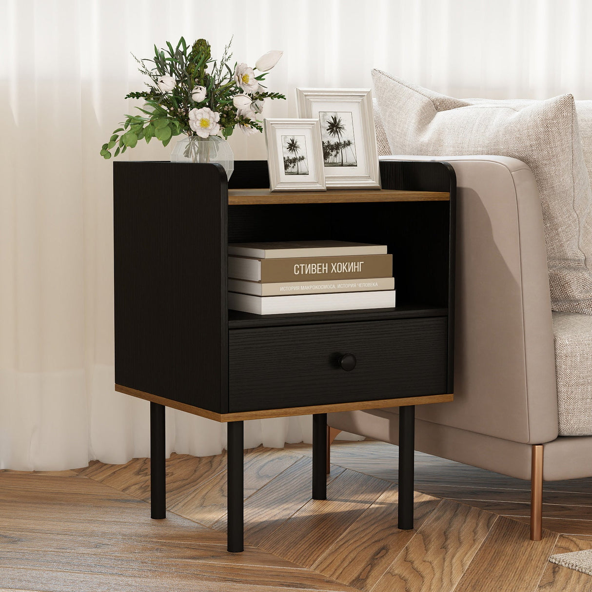 Mesa de Noche con Cajón, Mesa Auxiliar de Sofá de 3 Niveles con Estante de Almacenamiento Abierto - Negro