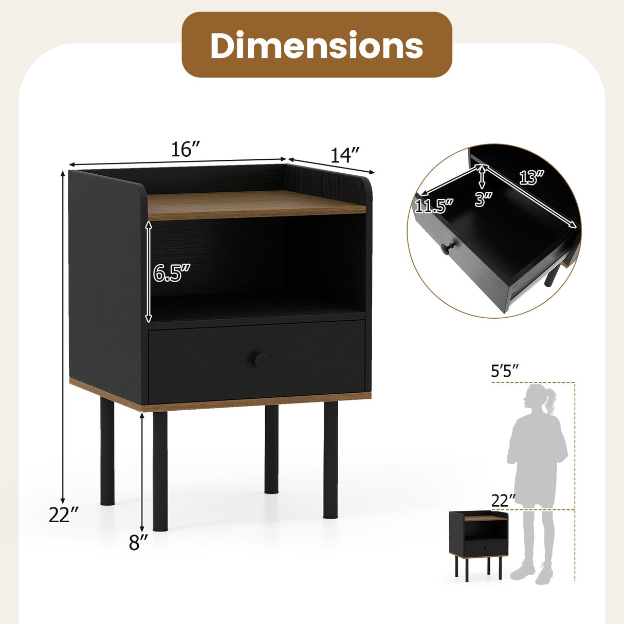 Mesa de Noche con Cajón, Mesa Auxiliar de Sofá de 3 Niveles con Estante de Almacenamiento Abierto - Negro
