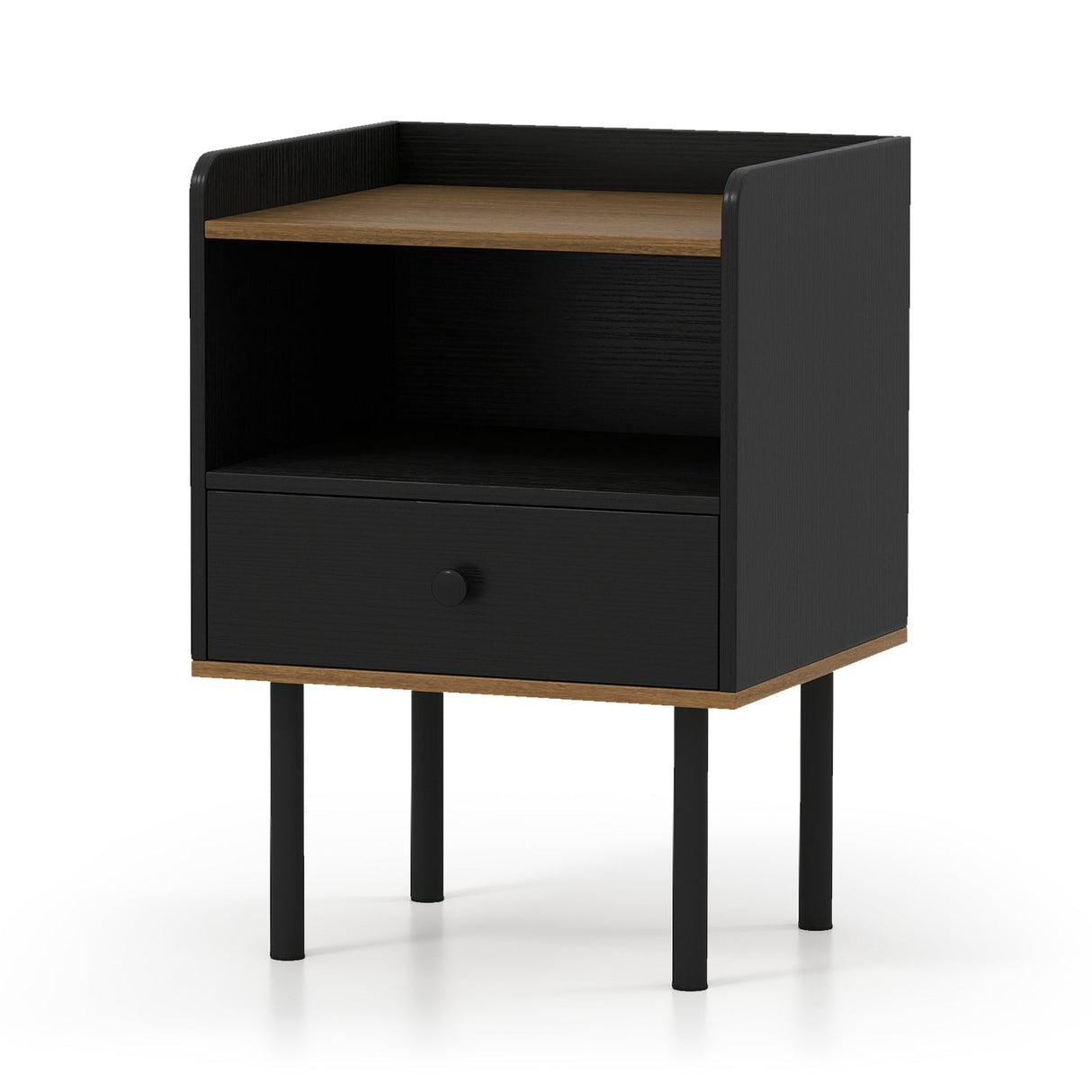 Mesa de Noche con Cajón, Mesa Auxiliar de Sofá de 3 Niveles con Estante de Almacenamiento Abierto - Negro