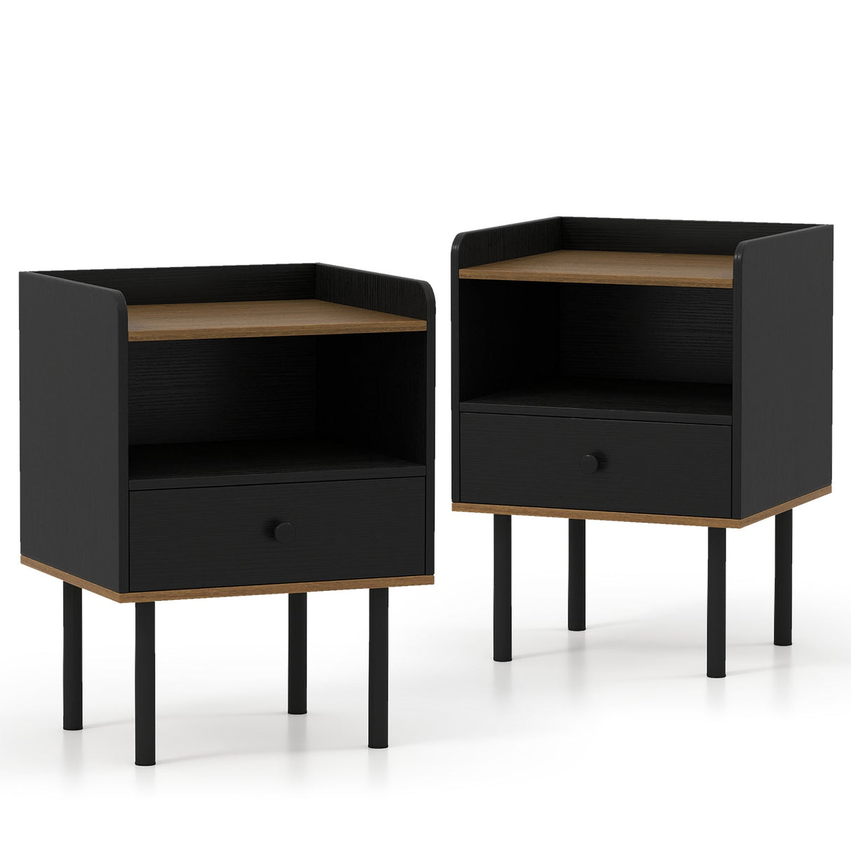 Mesita de Noche con Cajón, Mesa Auxiliar de Sofá de 3 Niveles con Estante de Almacenamiento Abierto, Juego de 2 - Negro
