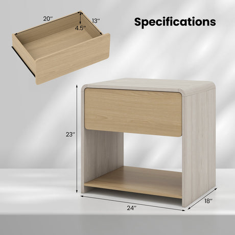 Mesita de Noche de 2 Niveles Estilo Moderno con Cajón y Estante Abierto - Roble