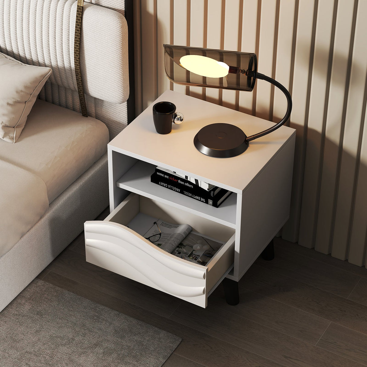 Nightstand Mid Century Modern Bedside Table with 3D Wavy Pattern and Open Shelf-White