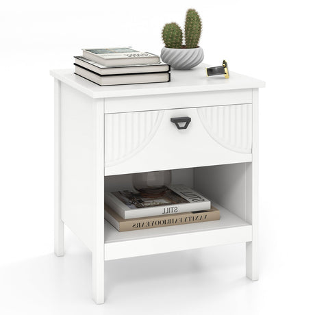 Mesita de noche de madera de 2 niveles con cajón y estante de almacenamiento abierto para dormitorio - Blanco