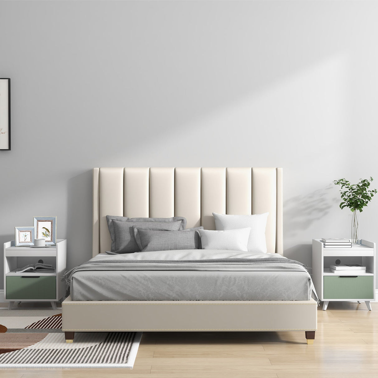 Mesita de noche moderna con luces LED, cajón deslizante y compartimento abierto - Blanco