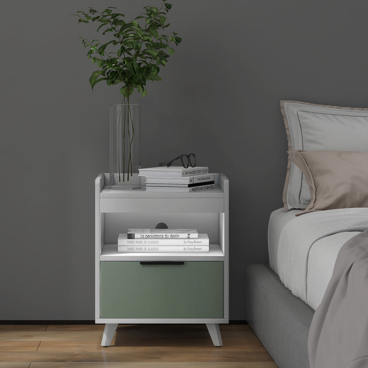 Mesita de noche moderna con luces LED, cajón deslizante y compartimento abierto - Blanco