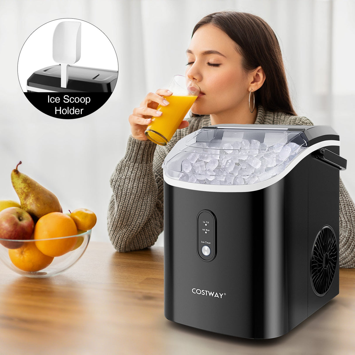 Máquina de hielo de mostrador con forma de pepita, con hielo masticable suave - Negro
