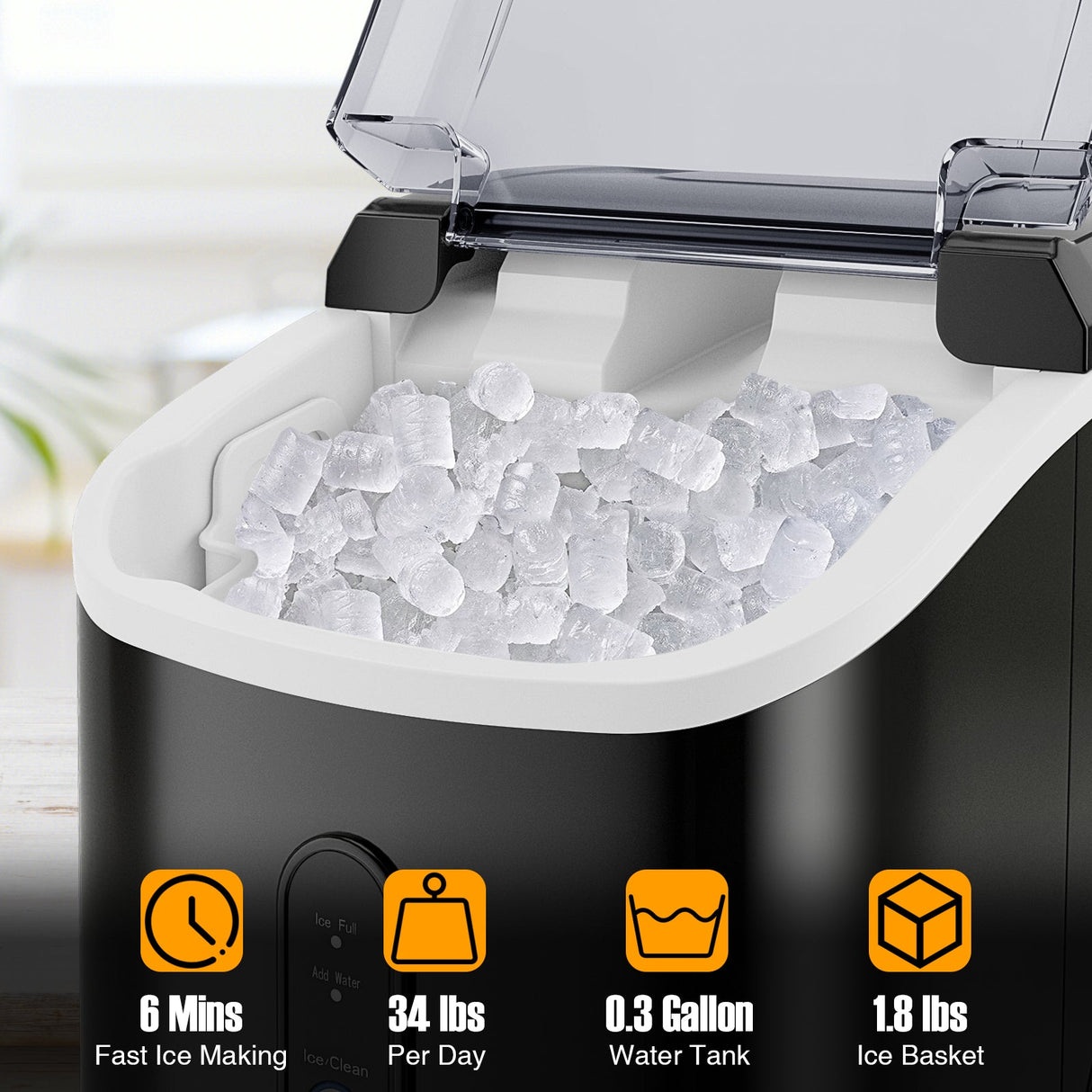 Máquina de hielo de mostrador con forma de pepita, con hielo masticable suave - Negro